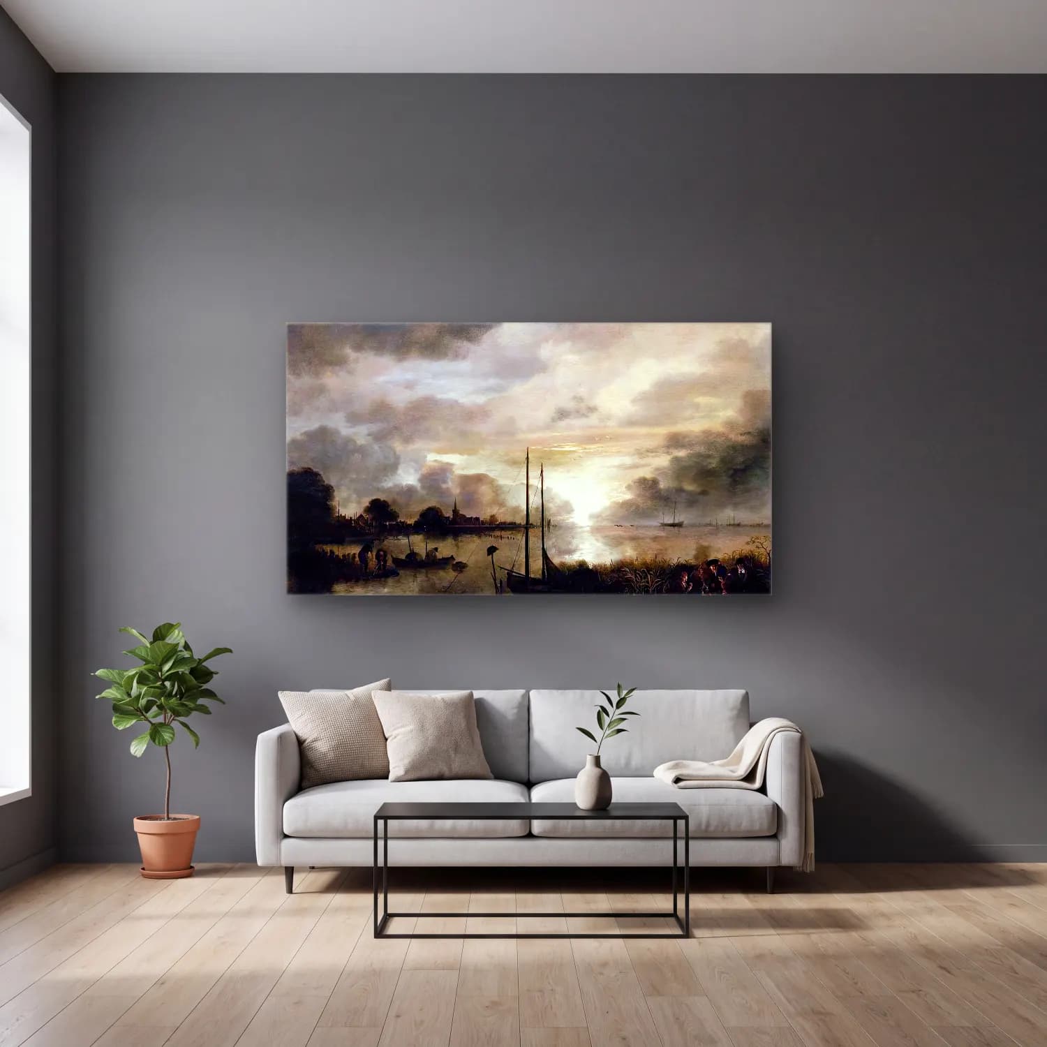 Aert van der Neer – Estuary Landscape cam tablo — gri duvarlı salonda