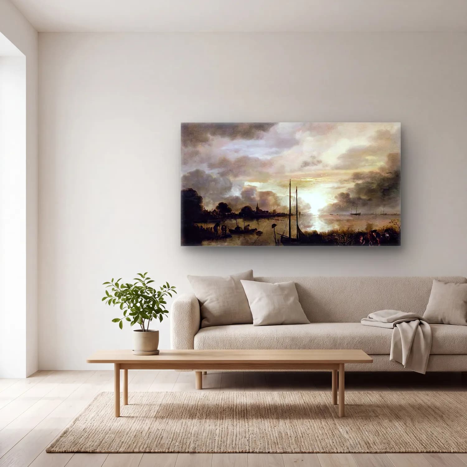 Aert van der Neer – Estuary Landscape cam tablo — açık renk salonda