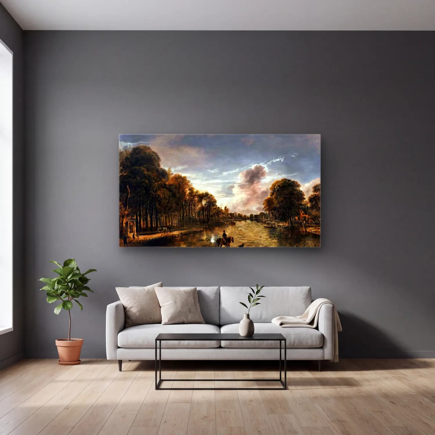 Aert van der Neer – Moonlit Wooded Landscape cam tablo — gri duvarlı salonda