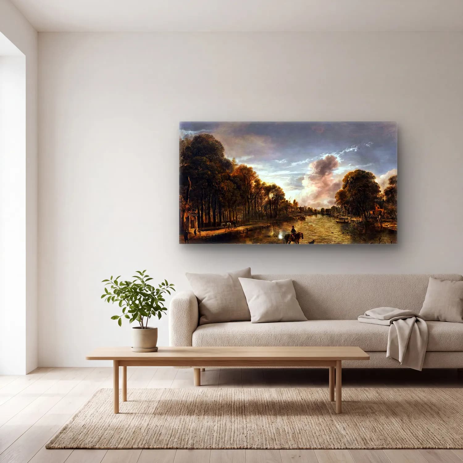 Aert van der Neer – Moonlit Wooded Landscape cam tablo — açık renk salonda