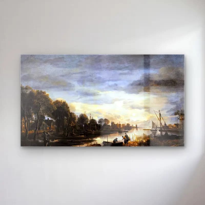 Aert van der Neer – River Landscape – Siyah Beyaz Tonlar cam tablo — Aert van der Neer – River Landscape – Siyah Beyaz Tonlar — yağlı boya liman ve tekneler