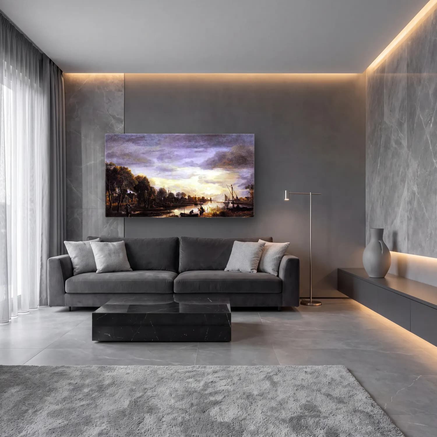 Aert van der Neer – River Landscape – Siyah Beyaz Tonlar cam tablo — lüks salon duvarında