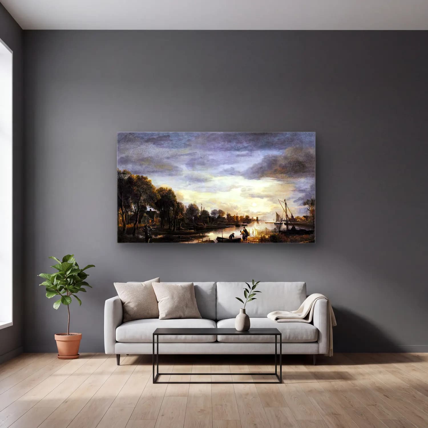 Aert van der Neer – River Landscape – Siyah Beyaz Tonlar cam tablo — gri duvarlı salonda