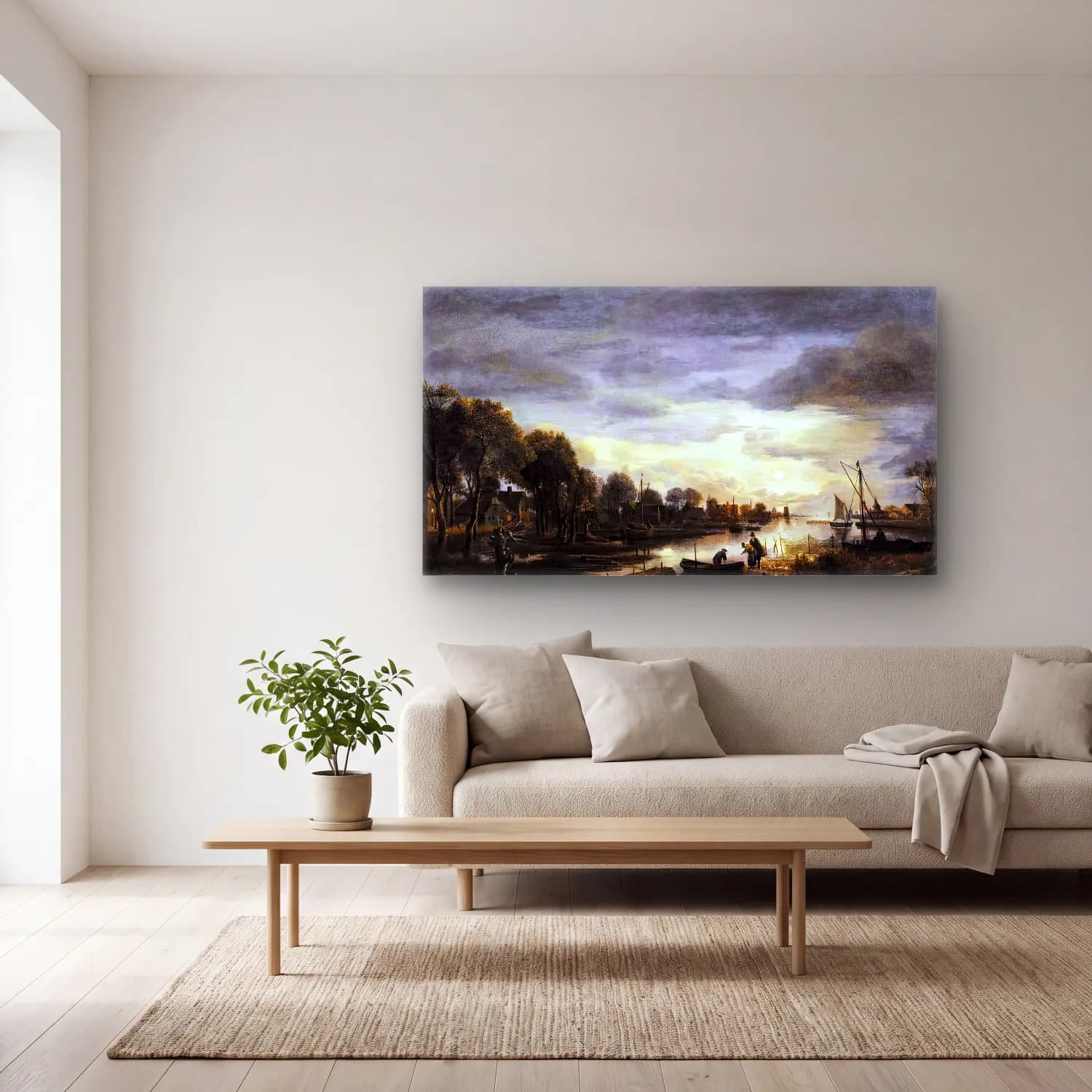 Aert van der Neer – River Landscape – Siyah Beyaz Tonlar cam tablo — açık renk salonda