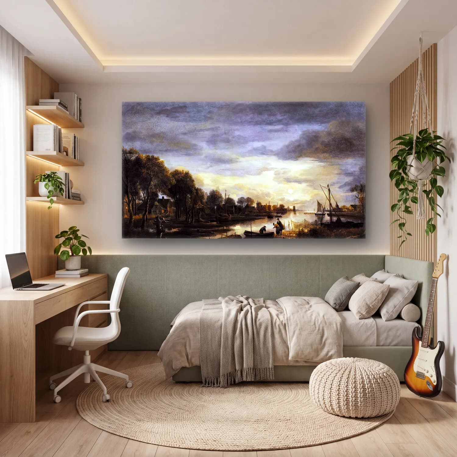 Aert van der Neer – River Landscape – Siyah Beyaz Tonlar cam tablo — genç odasında