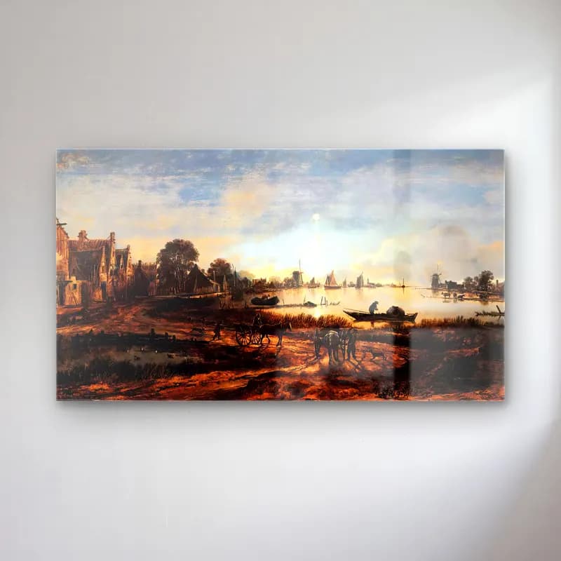 Aert van der Neer – River View – Pastel Tonlar cam tablo — Aert van der Neer – River View – Pastel Tonlar — yağlı boya liman ve tekneler