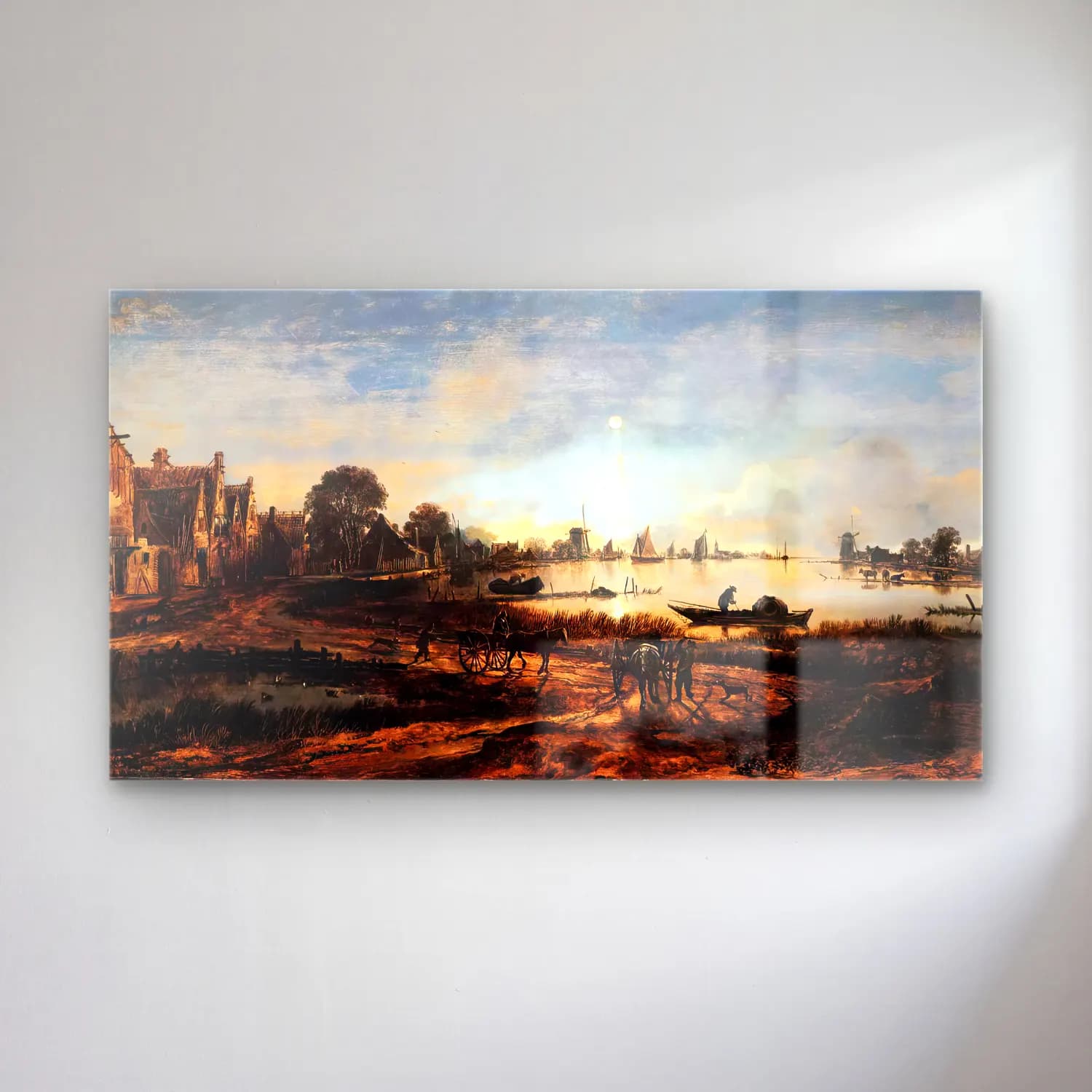 Aert van der Neer – River View – Pastel Tonlar cam tablo — Aert van der Neer – River View – Pastel Tonlar — yağlı boya liman ve tekneler
