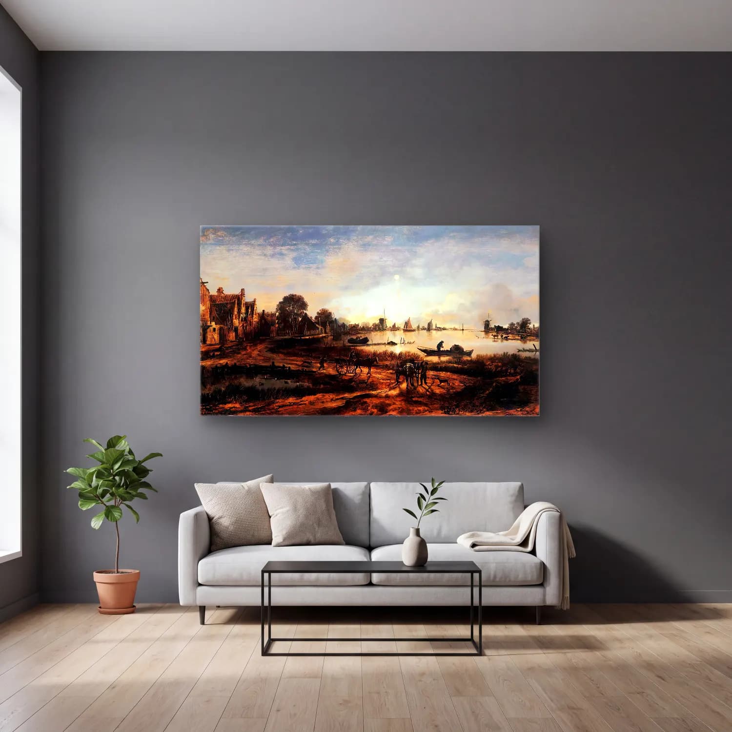 Aert van der Neer – River View – Pastel Tonlar cam tablo — gri duvarlı salonda