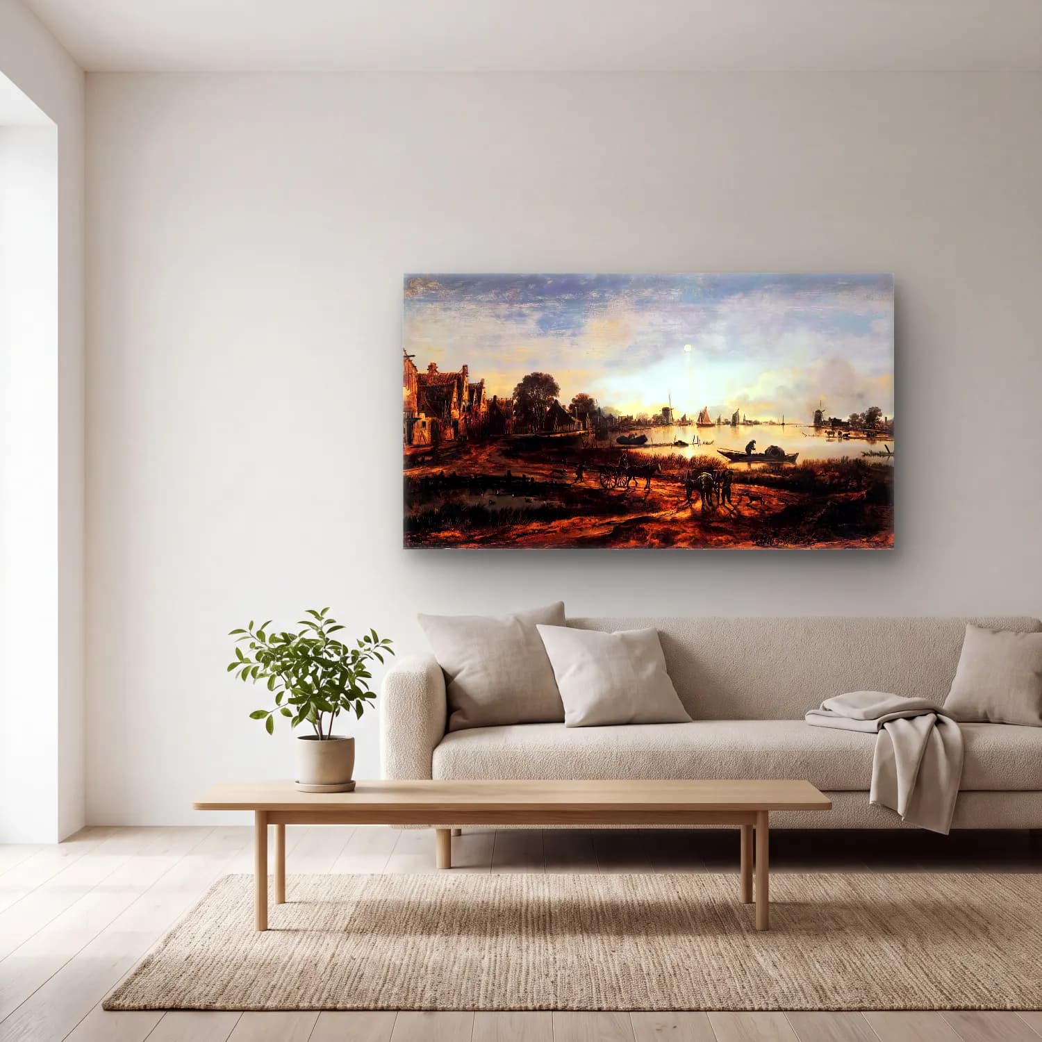 Aert van der Neer – River View – Pastel Tonlar cam tablo — açık renk salonda