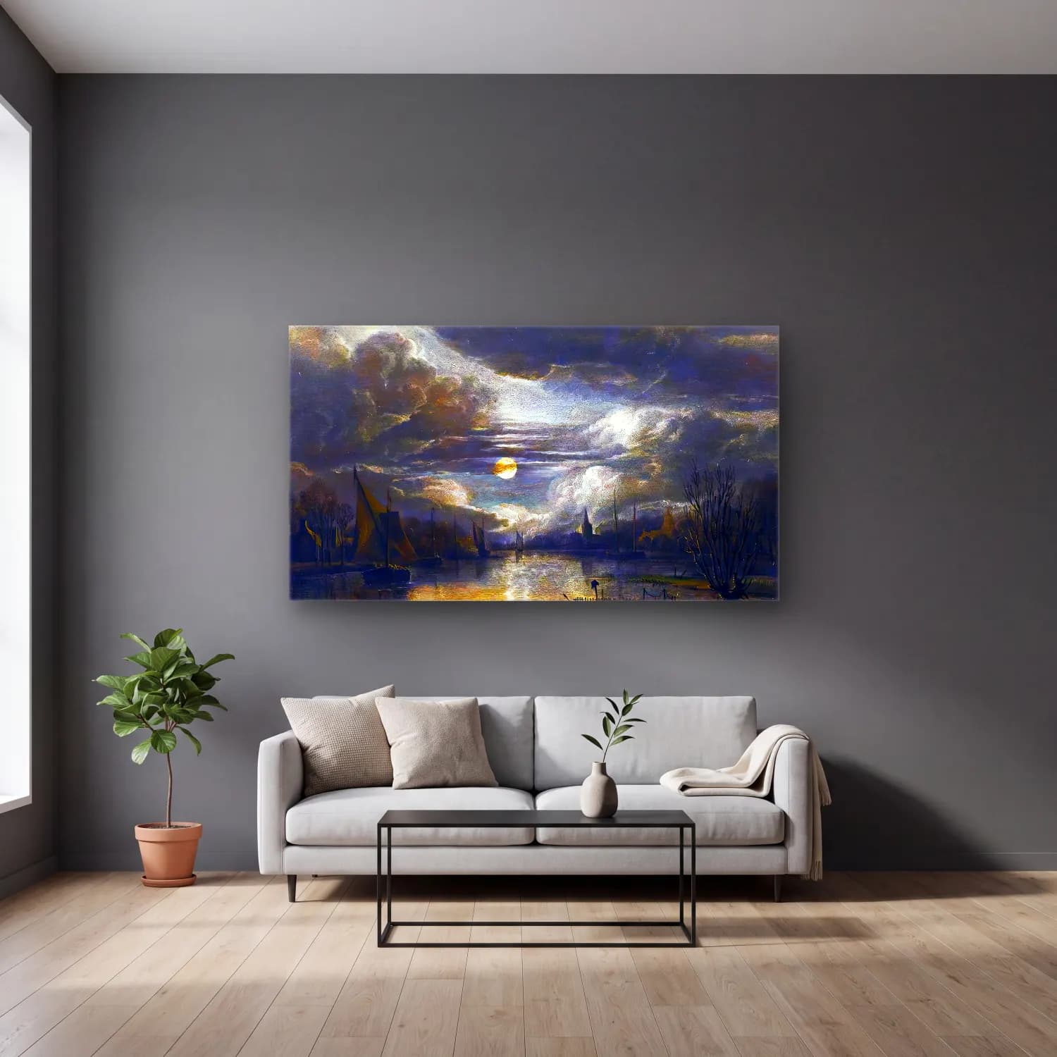 Aert van der Neer – Wide River Landscape cam tablo — gri duvarlı salonda