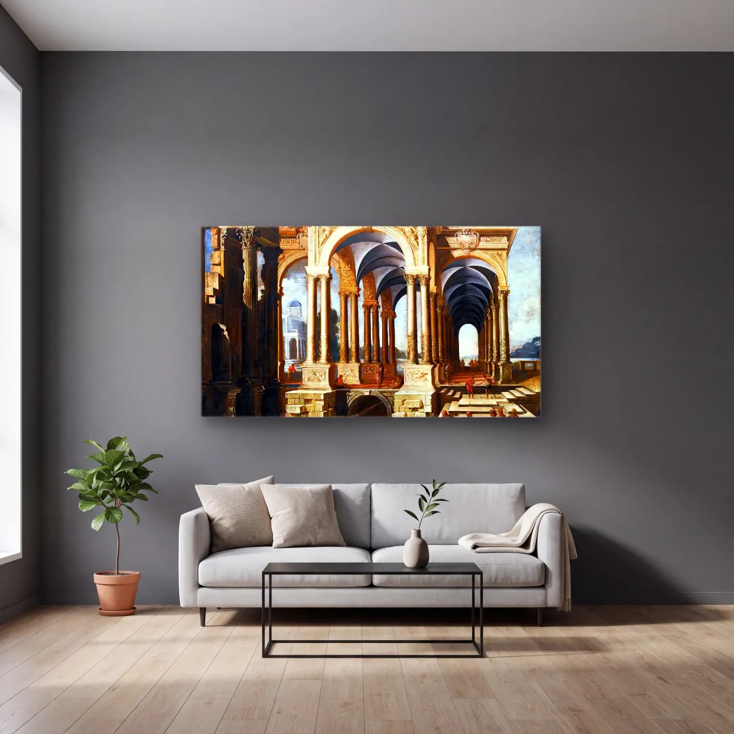 François de Nomé – Architectural Capriccio with Christ and Disciples cam tablo — gri duvarlı salonda