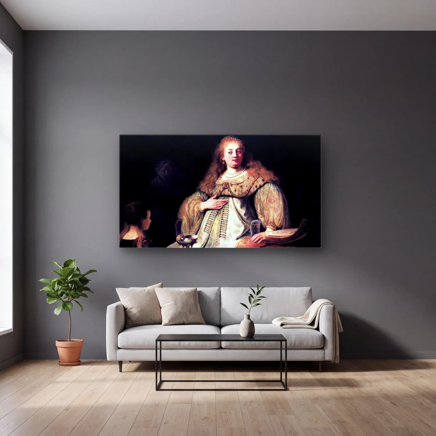 Rembrandt Harmenszoon van Rijn – Artemisia cam tablo — gri duvarlı salonda