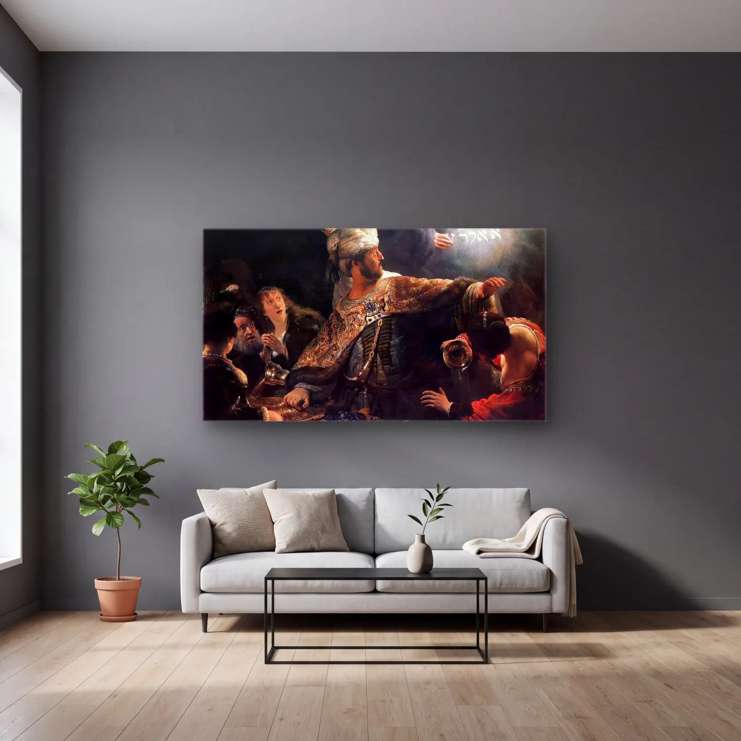 Rembrandt Harmenszoon van Rijn – Belshazzar s Feast cam tablo — gri duvarlı salonda