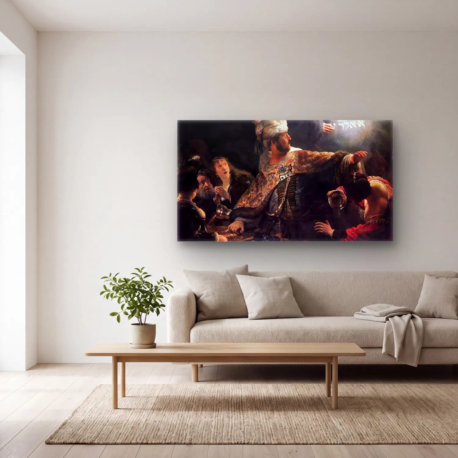 Rembrandt Harmenszoon van Rijn – Belshazzar s Feast cam tablo — açık renk salonda