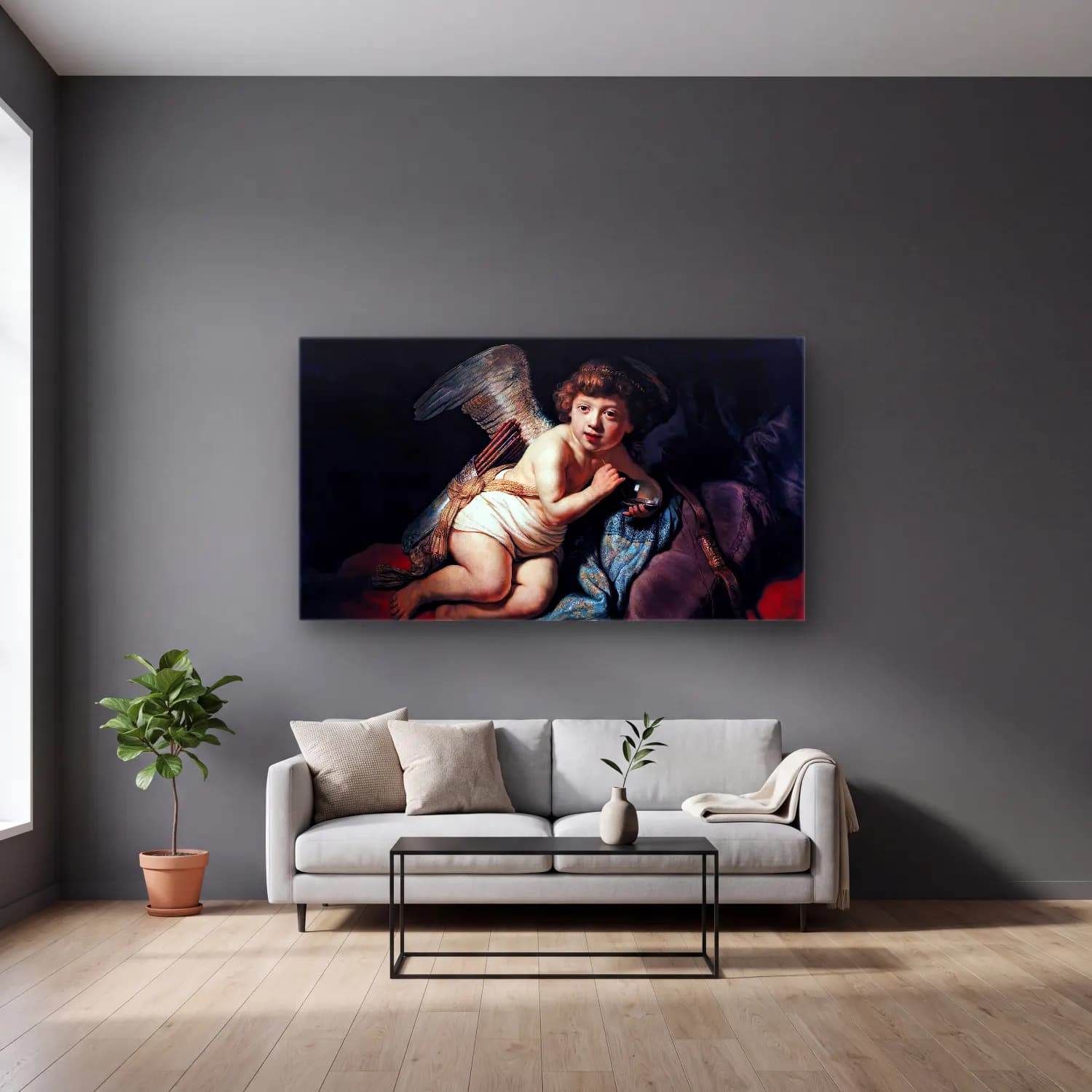 Rembrandt Harmenszoon van Rijn – Cupid with the Soap Bubble cam tablo — gri duvarlı salonda