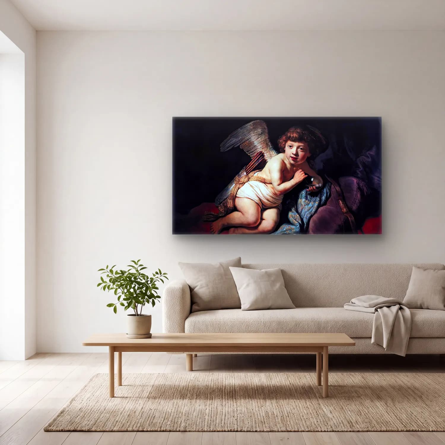 Rembrandt Harmenszoon van Rijn – Cupid with the Soap Bubble cam tablo — açık renk salonda