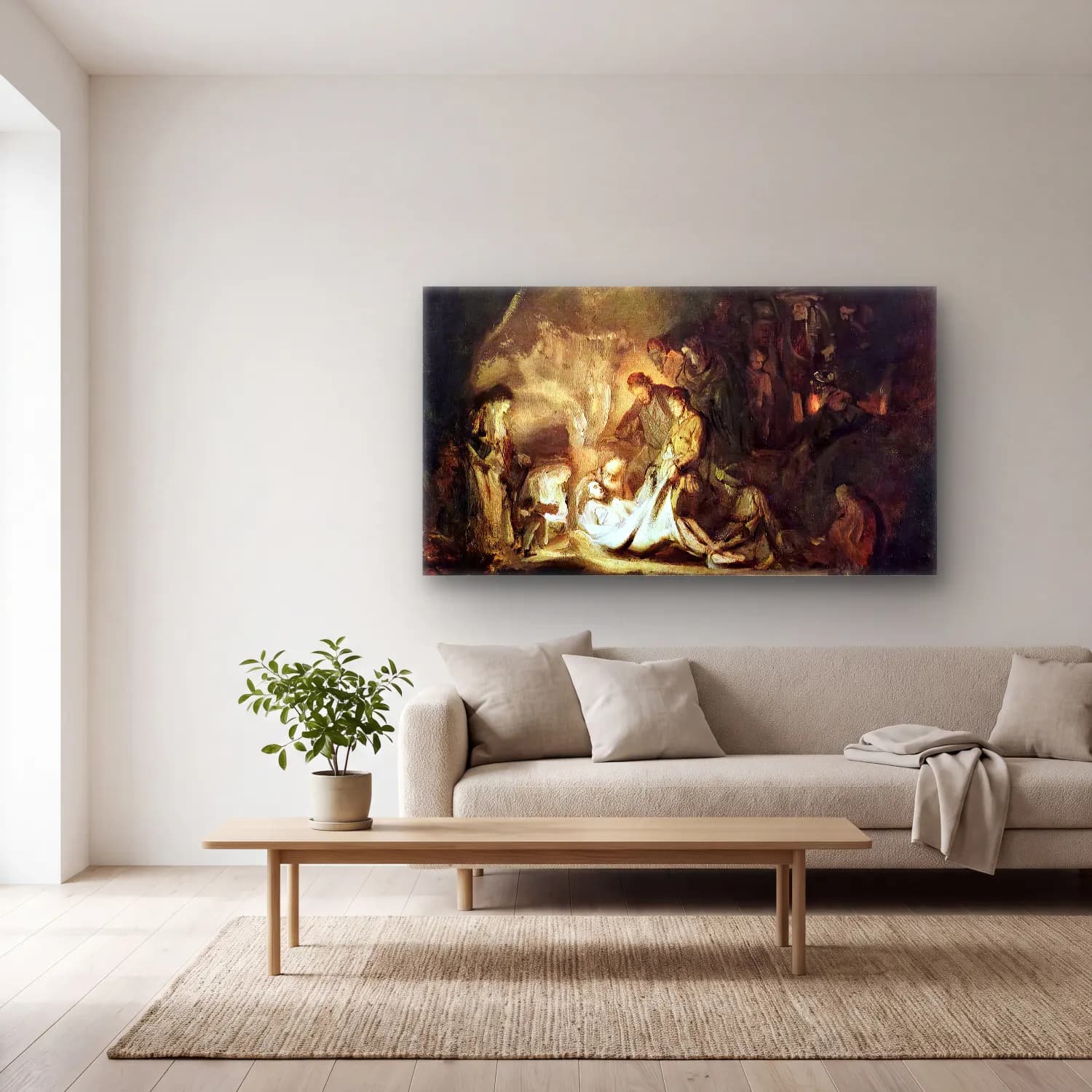 Rembrandt Harmenszoon van Rijn – Entombment of Christ cam tablo — açık renk salonda