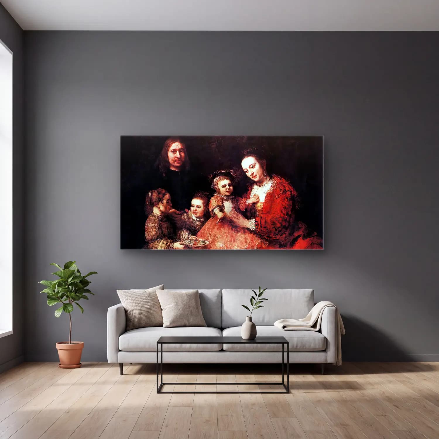 Rembrandt Harmenszoon van Rijn – Family Group cam tablo — gri duvarlı salonda