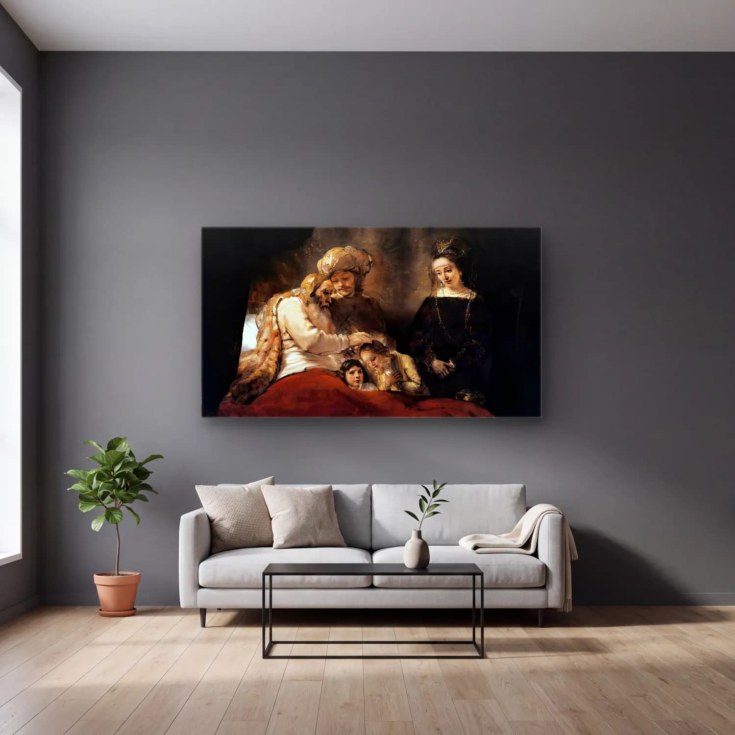 Rembrandt Harmenszoon van Rijn – Jacob Blessing the Children of Joseph cam tablo — gri duvarlı salonda