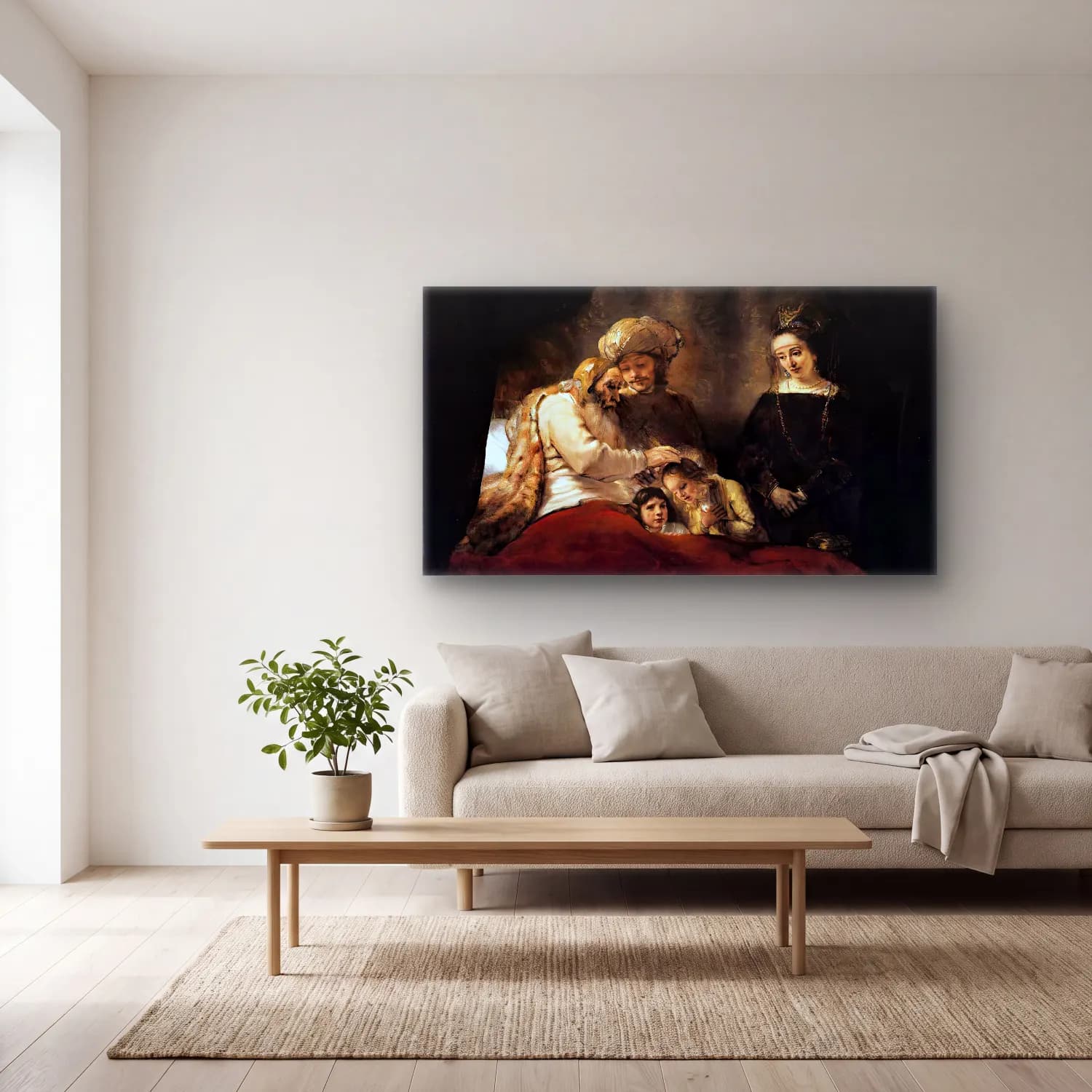 Rembrandt Harmenszoon van Rijn – Jacob Blessing the Children of Joseph cam tablo — açık renk salonda