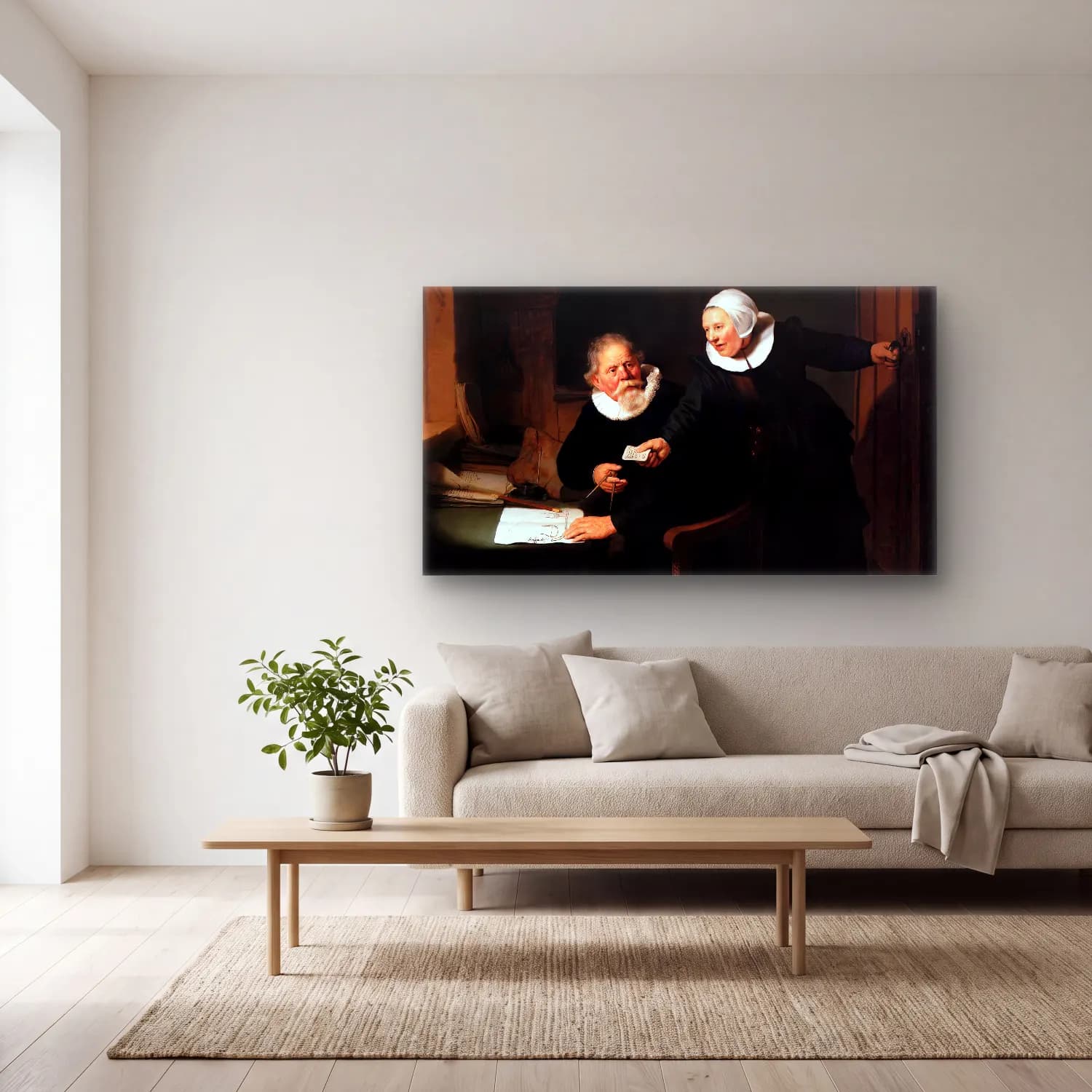 Rembrandt Harmenszoon van Rijn – Jan Rijcksen and His Wife, Griet Jans cam tablo — açık renk salonda