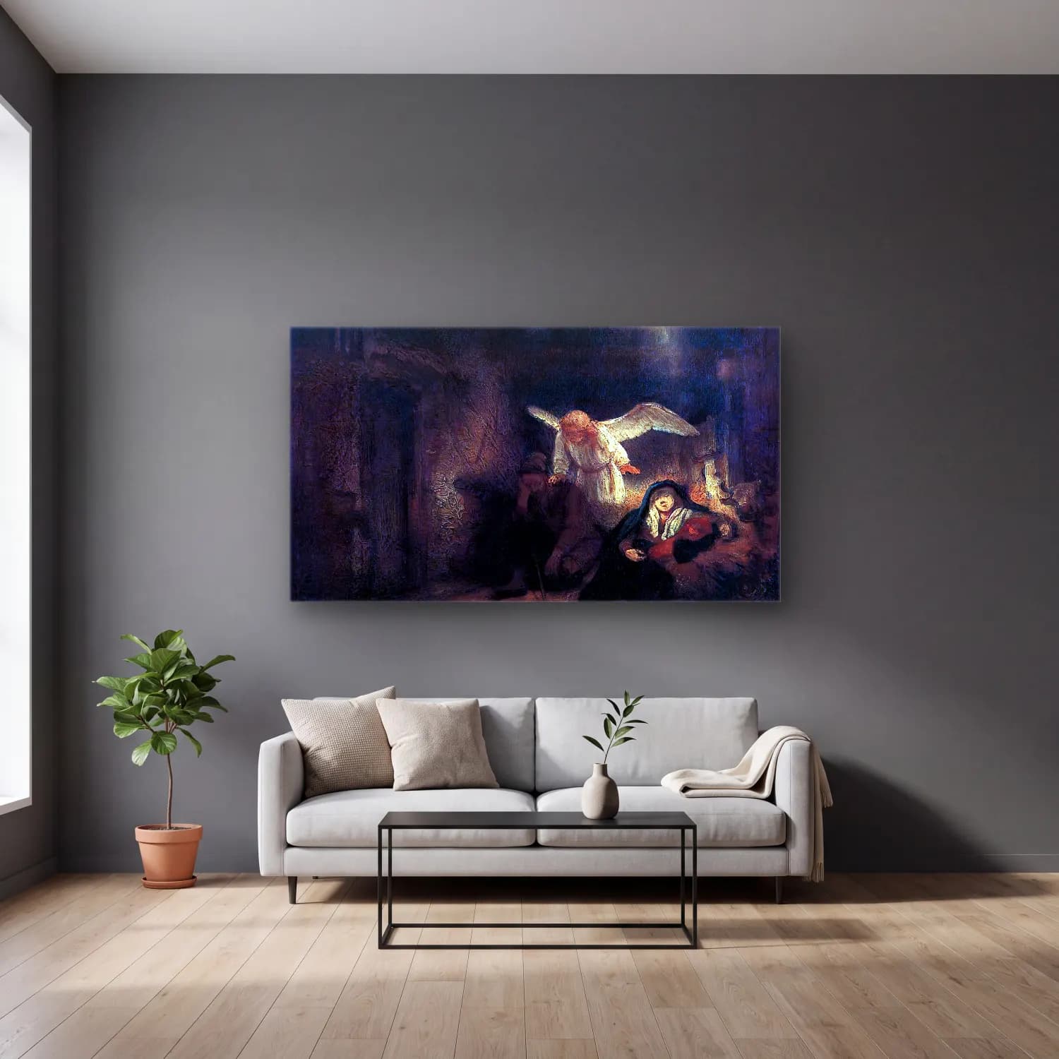 Rembrandt Harmenszoon van Rijn – Joseph s Dream cam tablo — gri duvarlı salonda
