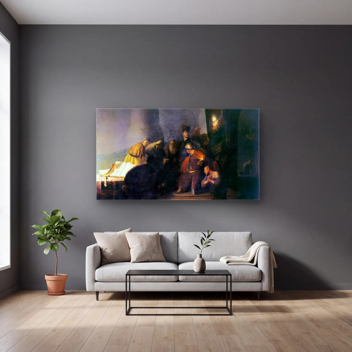 Rembrandt Harmenszoon van Rijn – Judas Returning the Thirty Pieces of Silver cam tablo — gri duvarlı salonda