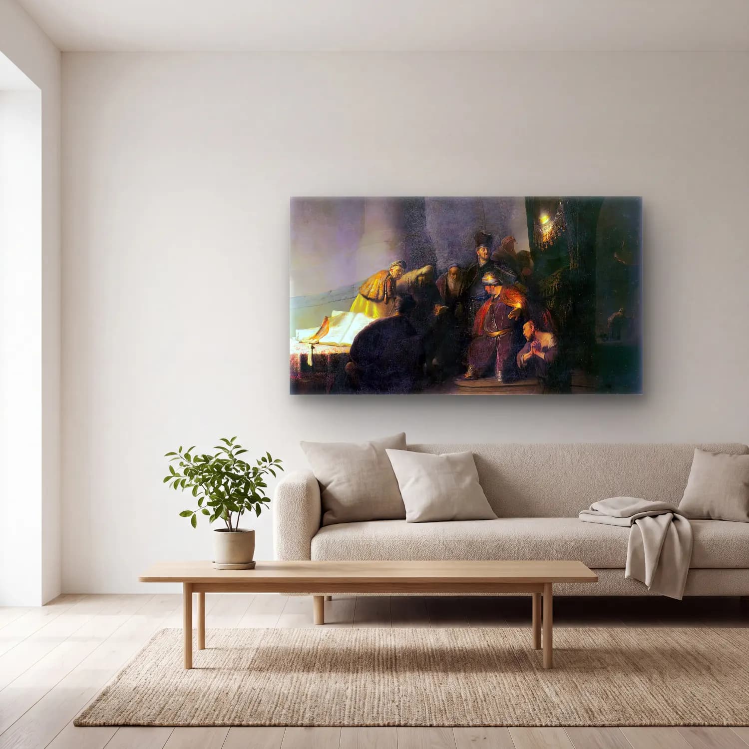 Rembrandt Harmenszoon van Rijn – Judas Returning the Thirty Pieces of Silver cam tablo — açık renk salonda