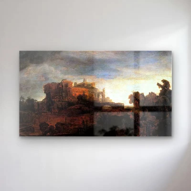 Rembrandt Harmenszoon van Rijn – Landscape with Buildings cam tablo — Rembrandt Harmenszoon van Rijn – Landscape with Buildings — yağlı boya antik kalıntılar