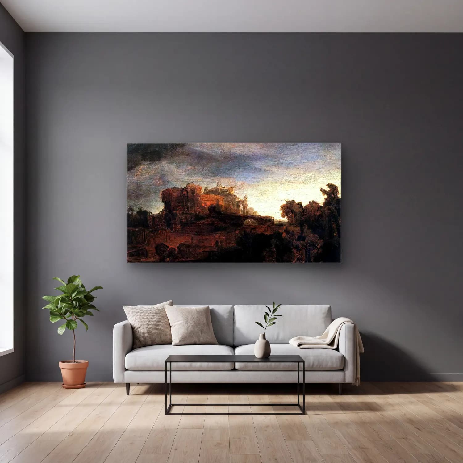 Rembrandt Harmenszoon van Rijn – Landscape with Buildings cam tablo — gri duvarlı salonda