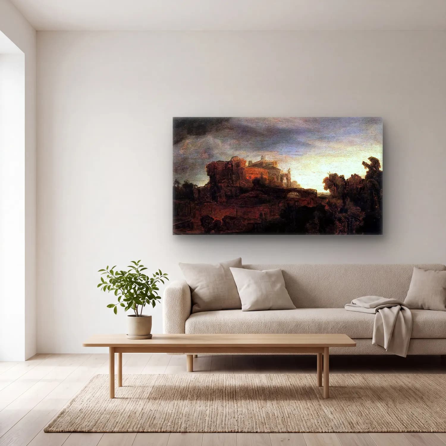 Rembrandt Harmenszoon van Rijn – Landscape with Buildings cam tablo — açık renk salonda