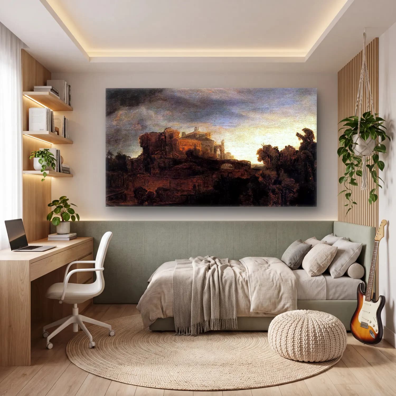 Rembrandt Harmenszoon van Rijn – Landscape with Buildings cam tablo — genç odasında