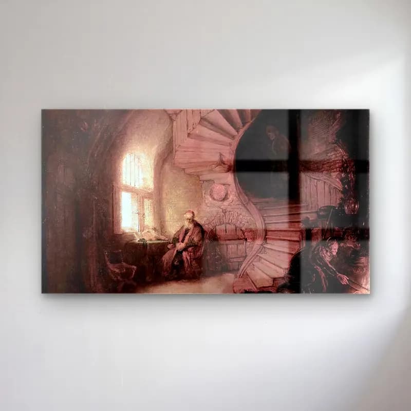 Rembrandt Harmenszoon van Rijn – Old Man in an Interior with Winding Staircase cam tablo — Rembrandt Harmenszoon van Rijn – Old Man in an Interior with Winding Staircase — vintage merdiven