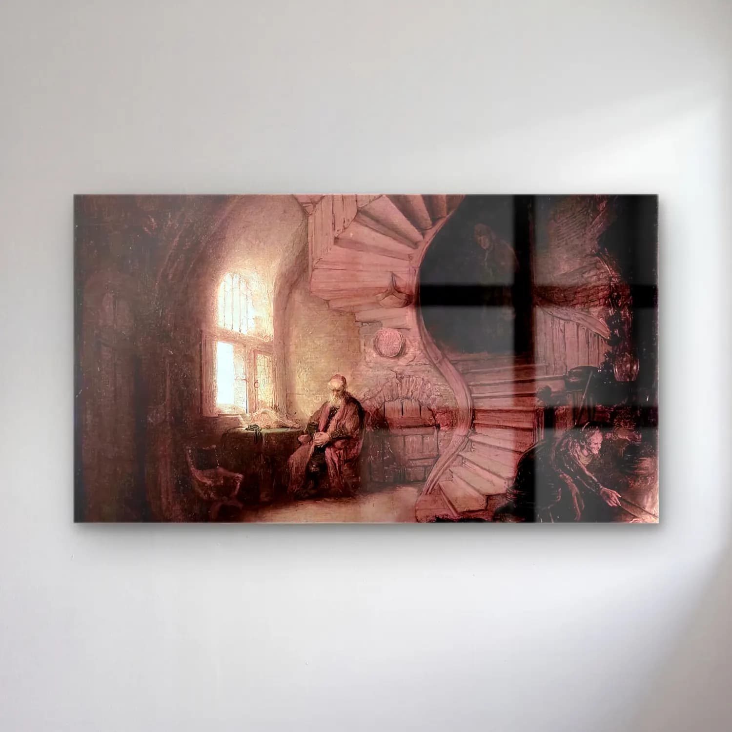 Rembrandt Harmenszoon van Rijn – Old Man in an Interior with Winding Staircase cam tablo — Rembrandt Harmenszoon van Rijn – Old Man in an Interior with Winding Staircase — vintage merdiven