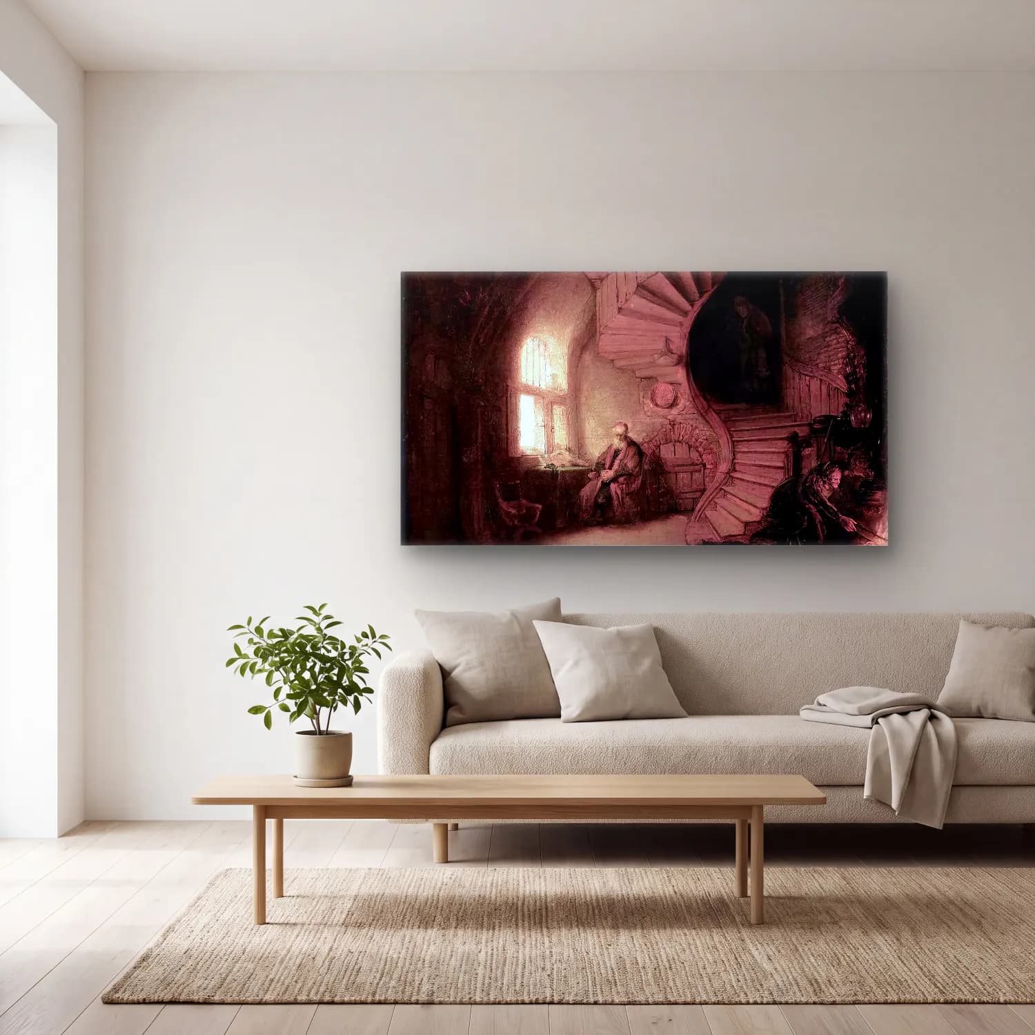 Rembrandt Harmenszoon van Rijn – Old Man in an Interior with Winding Staircase cam tablo — açık renk salonda