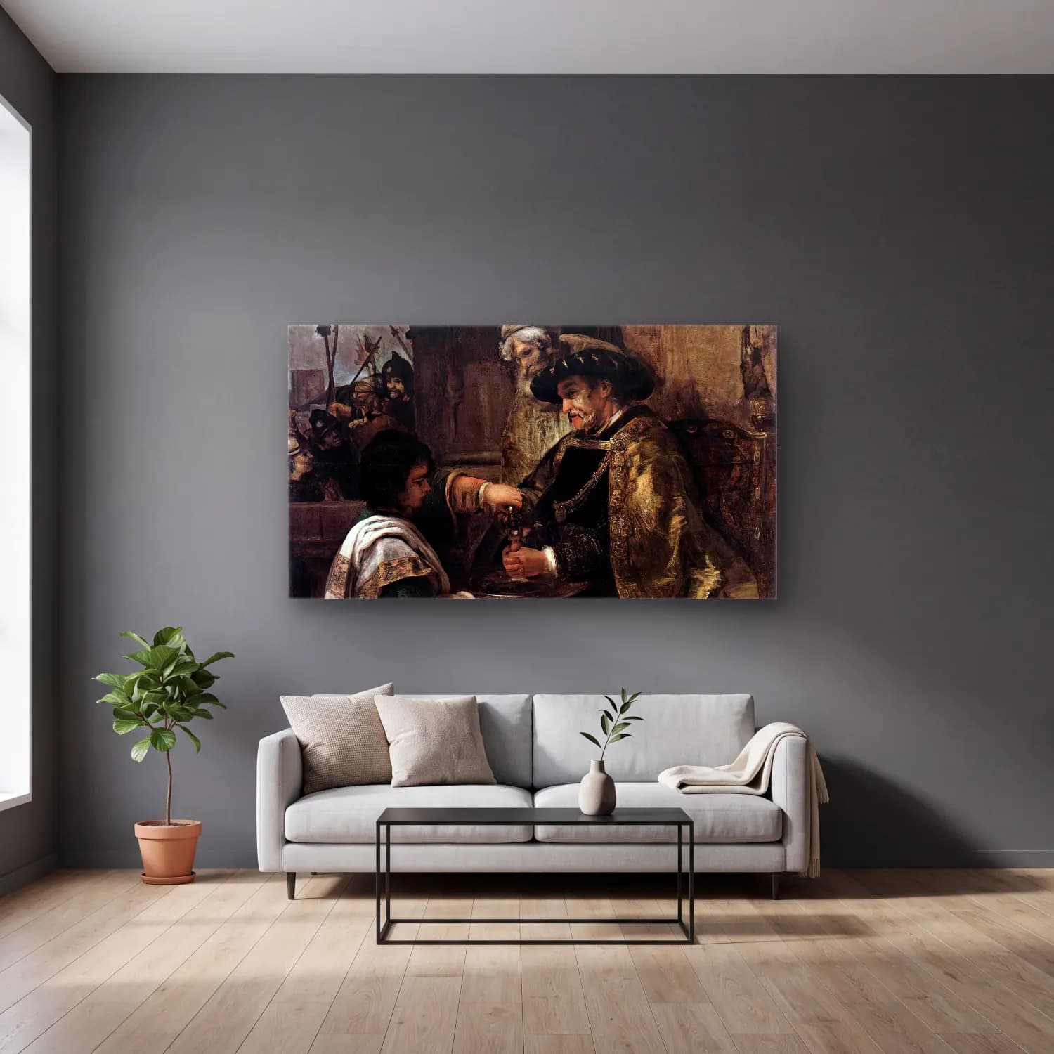 Rembrandt Harmenszoon van Rijn – Pilate Washing His Hands cam tablo — gri duvarlı salonda