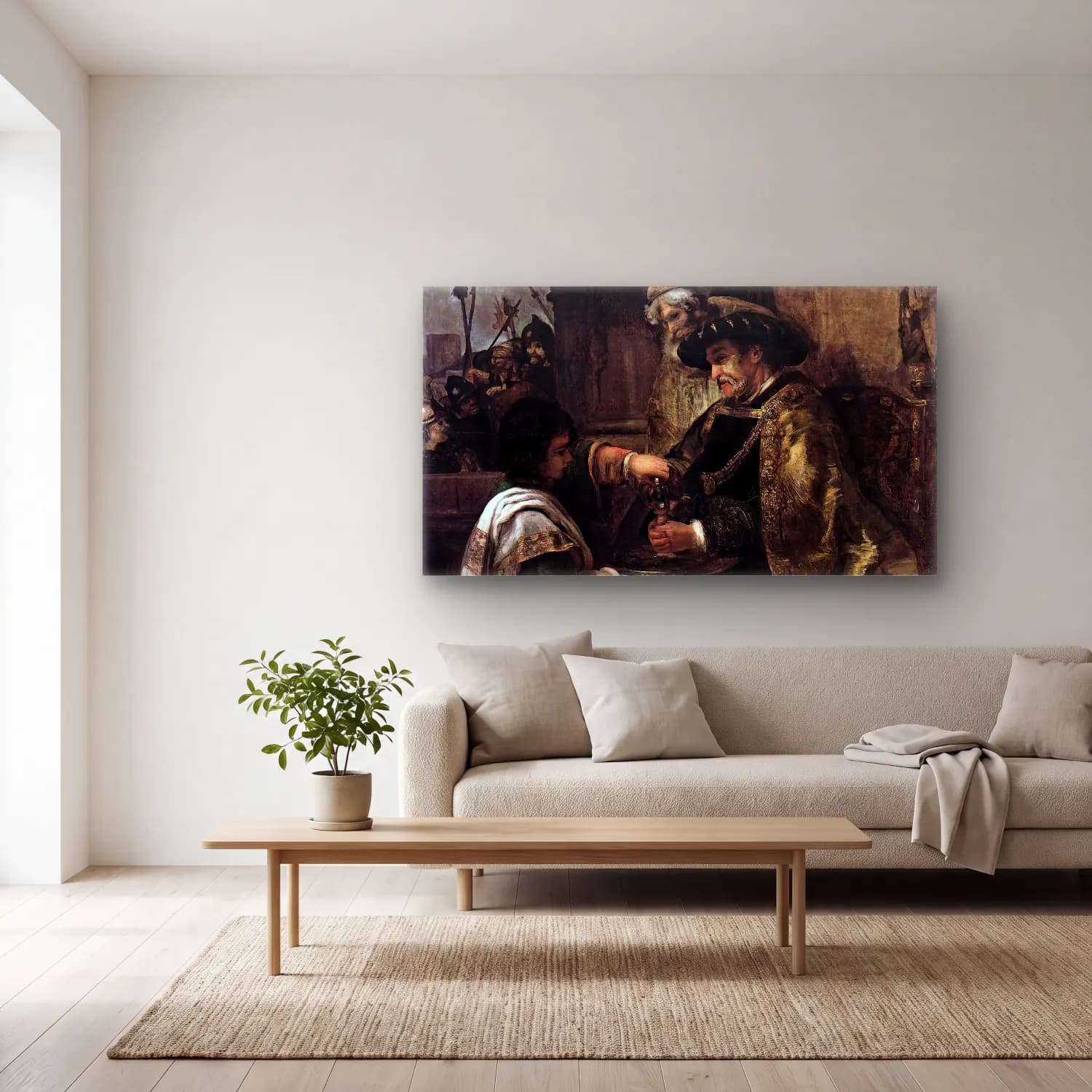 Rembrandt Harmenszoon van Rijn – Pilate Washing His Hands cam tablo — açık renk salonda
