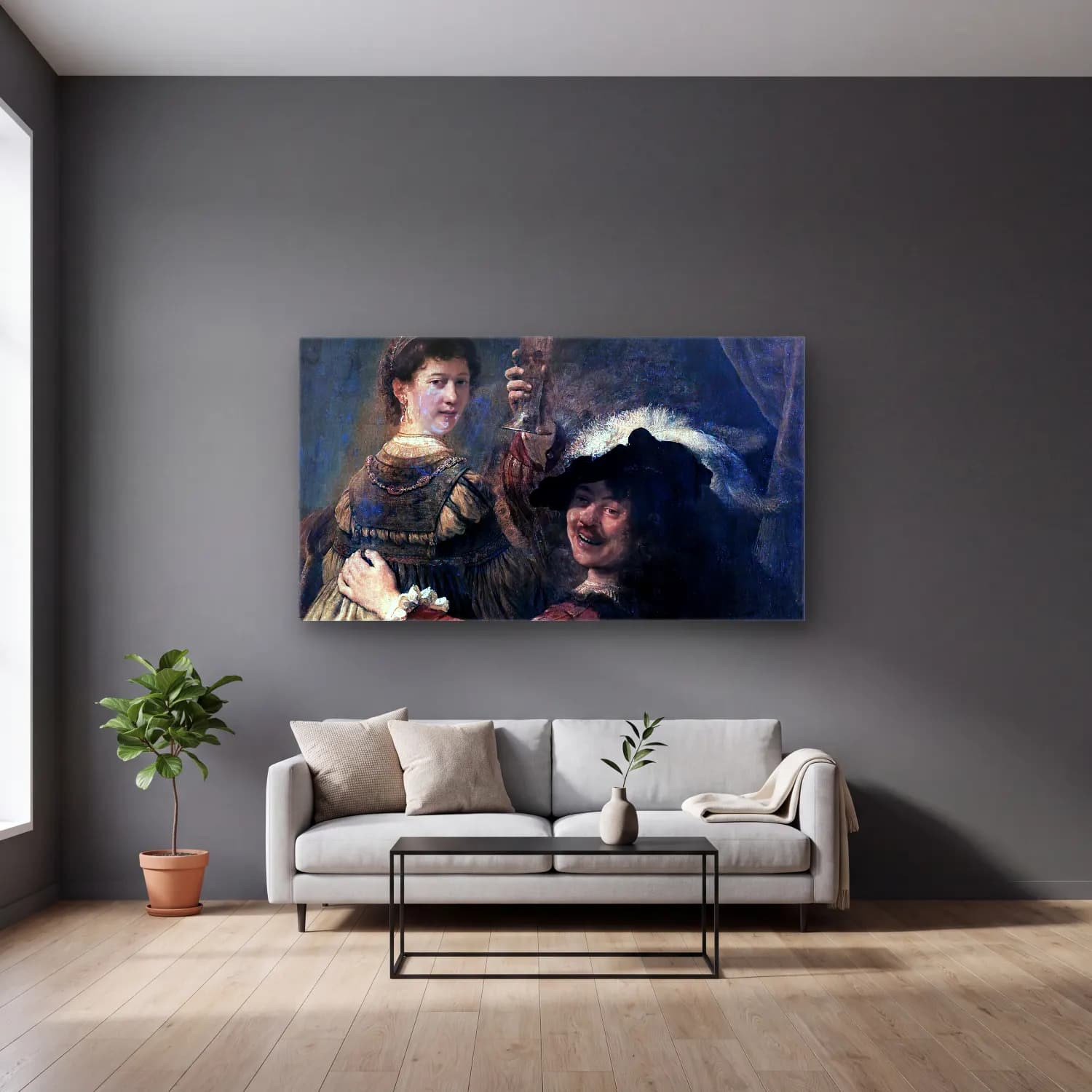 Rembrandt Harmenszoon van Rijn – Rembrandt and Saskia in the Scene of the Prodigal Son in… cam tablo — gri duvarlı salonda