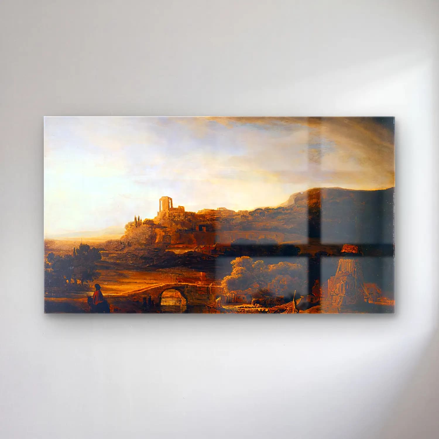 Rembrandt Harmenszoon van Rijn – River Valley with Ruins cam tablo — Rembrandt Harmenszoon van Rijn – River Valley with Ruins — yağlı boya antik kalıntılar