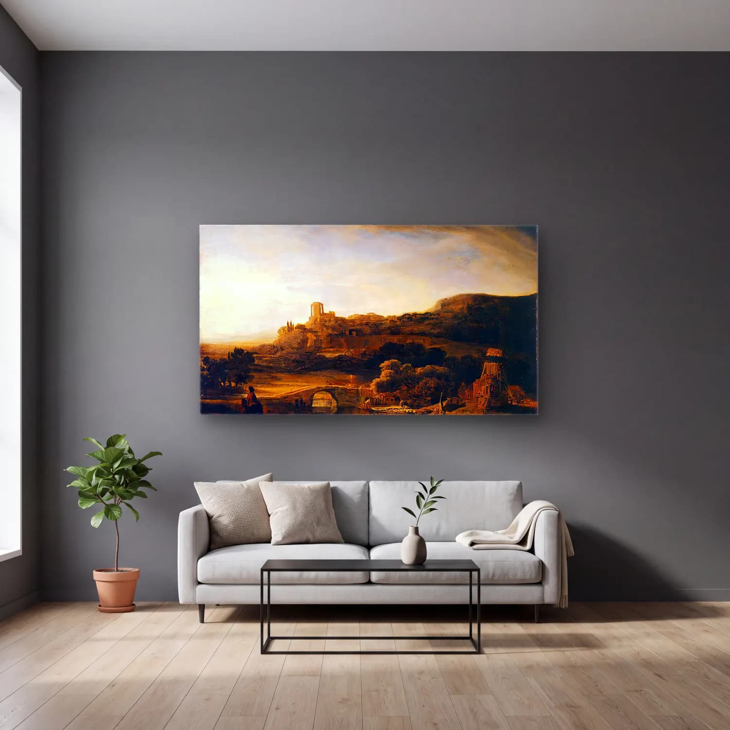 Rembrandt Harmenszoon van Rijn – River Valley with Ruins cam tablo — gri duvarlı salonda