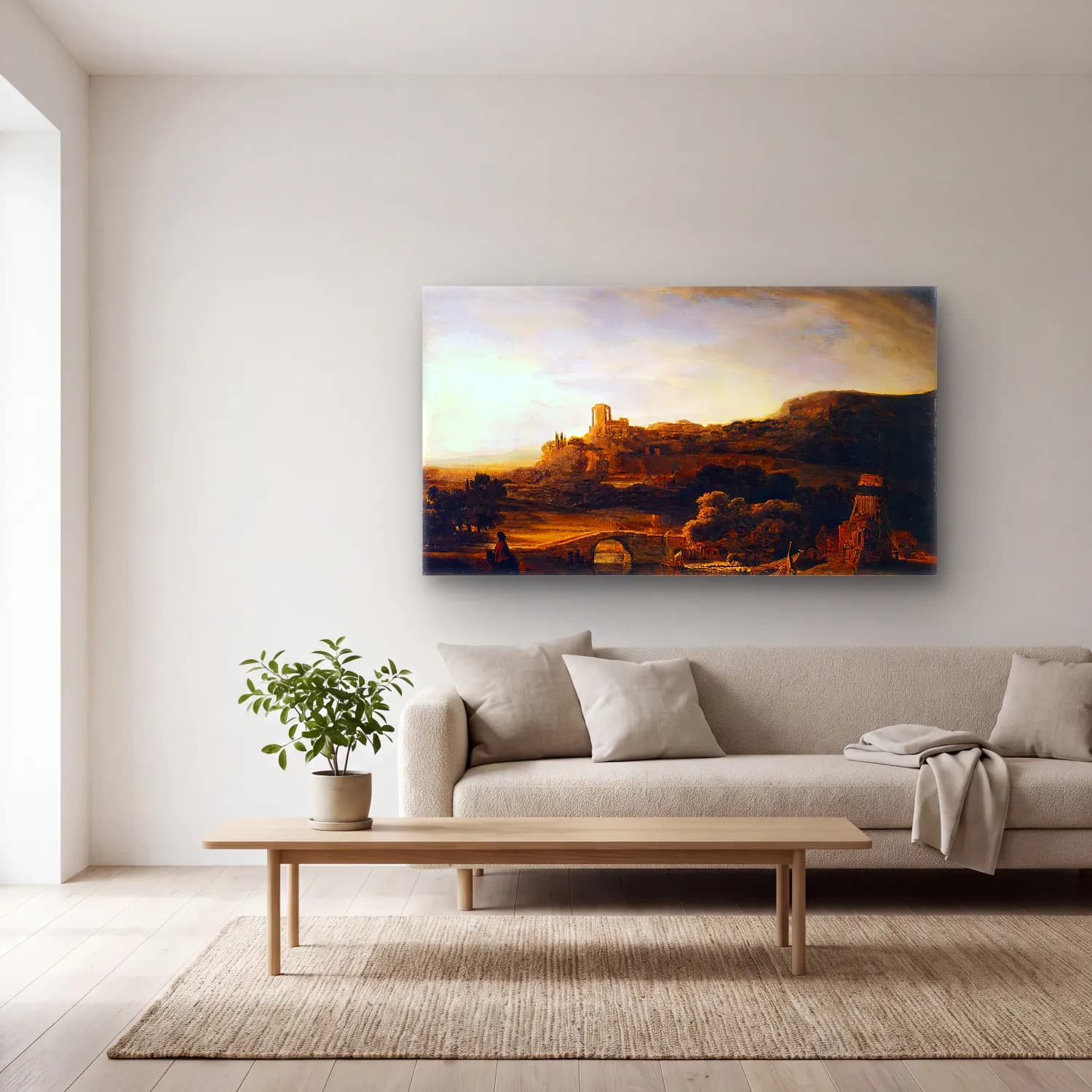 Rembrandt Harmenszoon van Rijn – River Valley with Ruins cam tablo — açık renk salonda