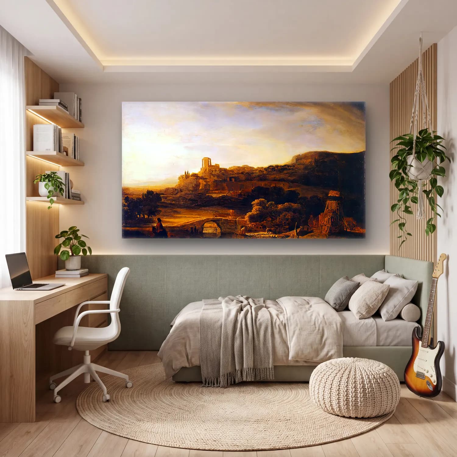 Rembrandt Harmenszoon van Rijn – River Valley with Ruins cam tablo — genç odasında