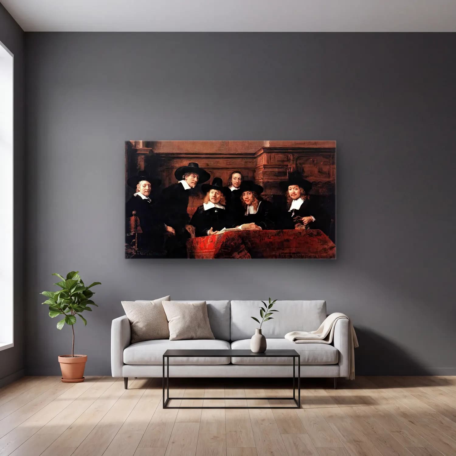 Rembrandt Harmenszoon van Rijn – Sampling Officials of the Drapers Guild cam tablo — gri duvarlı salonda