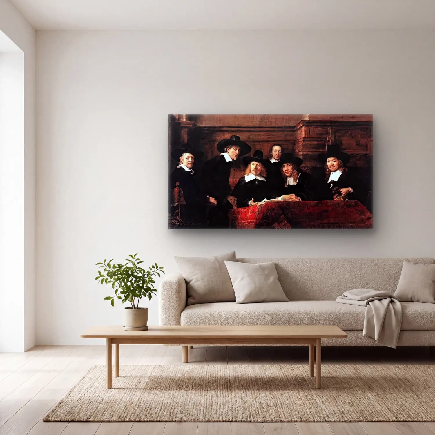 Rembrandt Harmenszoon van Rijn – Sampling Officials of the Drapers Guild cam tablo — açık renk salonda