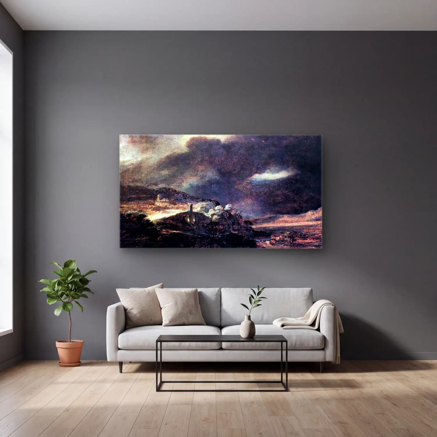 Rembrandt Harmenszoon van Rijn – Stormy Landscape cam tablo — gri duvarlı salonda