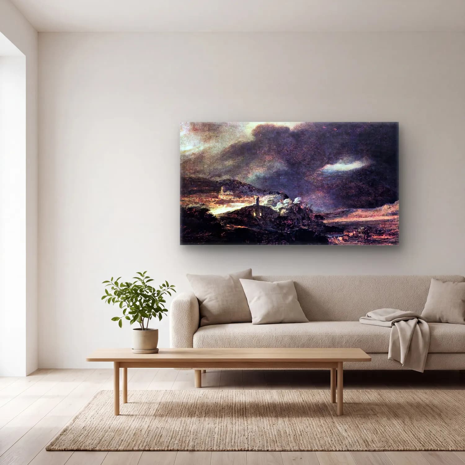 Rembrandt Harmenszoon van Rijn – Stormy Landscape cam tablo — açık renk salonda