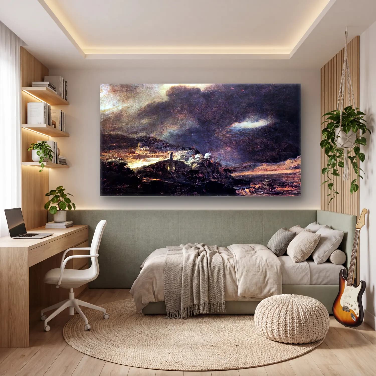 Rembrandt Harmenszoon van Rijn – Stormy Landscape cam tablo — genç odasında