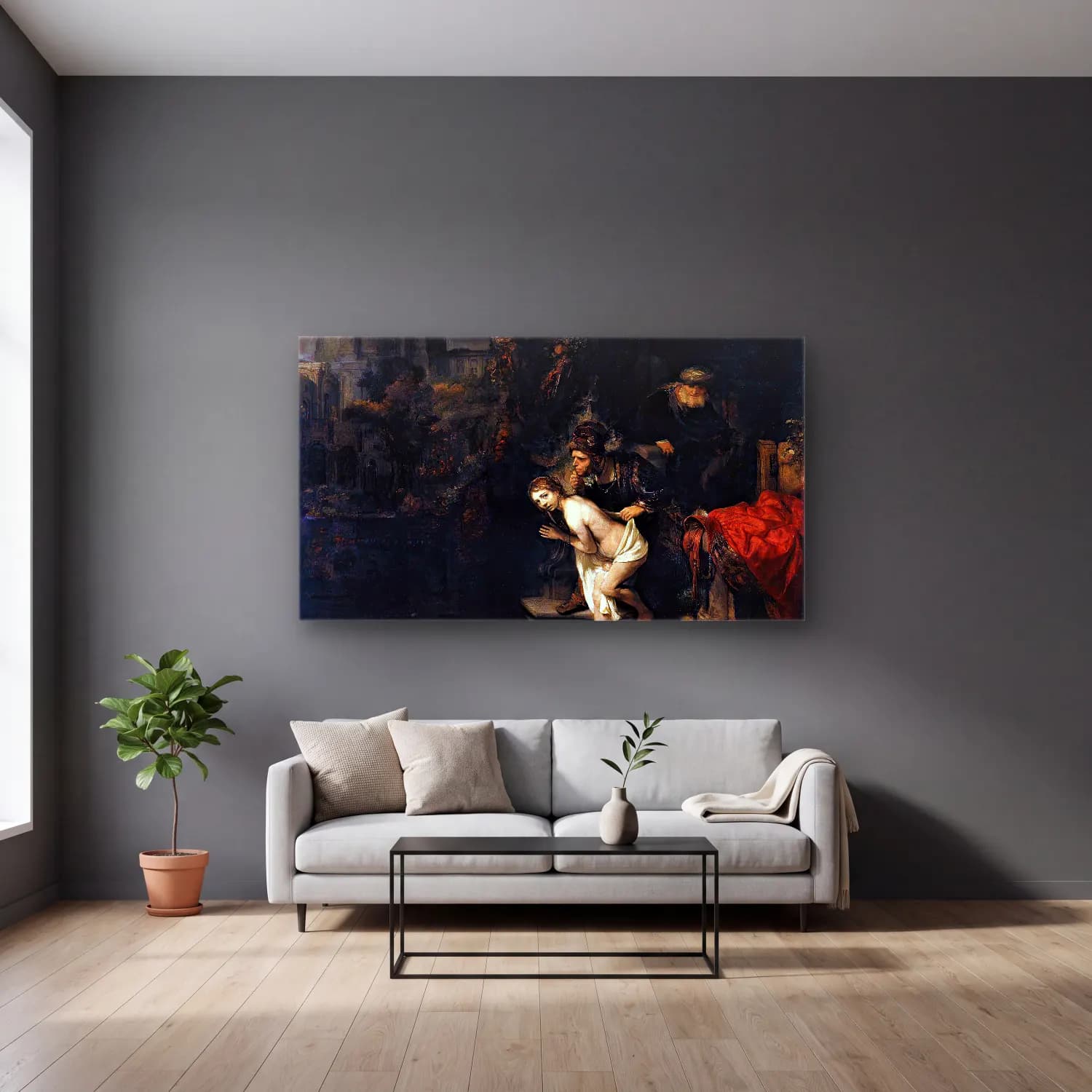 Rembrandt Harmenszoon van Rijn – Susanna and the Elders cam tablo — gri duvarlı salonda