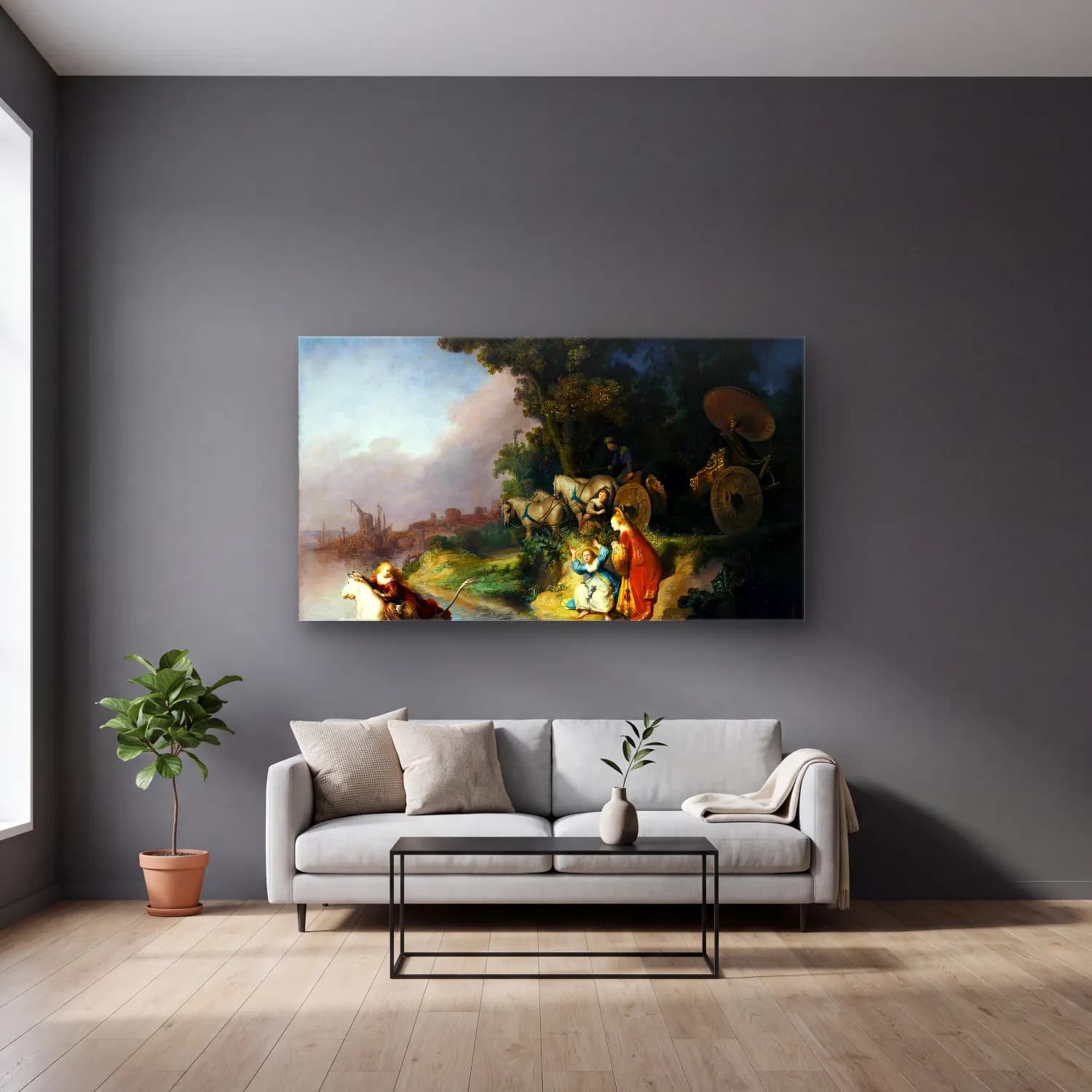 Rembrandt Harmenszoon van Rijn – The Abduction of Europa cam tablo — gri duvarlı salonda