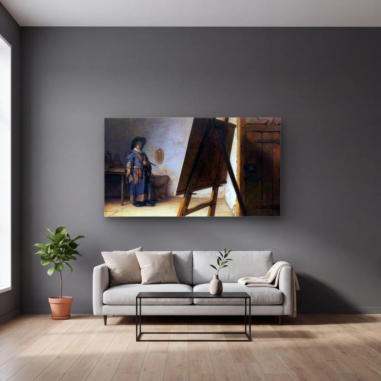 Rembrandt Harmenszoon van Rijn – The Artist in his Studio cam tablo — gri duvarlı salonda